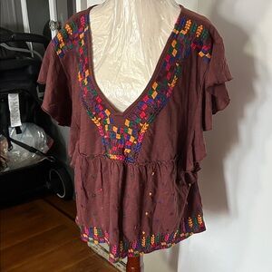 Anthropologie Embroidered Brown Women's Top